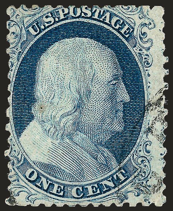 1c Blue, Ty. IV, Chicago Perf 12-12 (9 var).> Position 49L1L, rich color, very lightly cancelled by Chicago circular datestamp, natural inclusion at left, negligible corner margin crease at top right<><>^VERY
FINE APPEARANCE. ONE OF THE FINER OF T