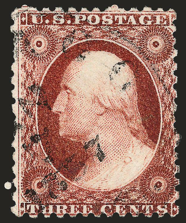 3c Brownish Carmine, Ty. I, Chicago Perf 12-12 (11 var).> Position 15R7, perfs intact, rich color, cancelled by Jan. 7, 1857 Chicago circular datestamp<><>^FINE. A RARE SOUND EXAMPLE OF THE 1851 3-CENT CHICAGO
PERF.^<><>The 3c Chicago Perf is se