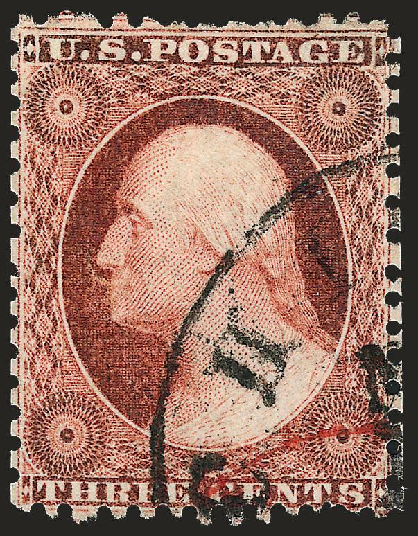 3c Brownish Carmine, Ty. I, Chicago Perf 12-12 (11 var).> Position 77R7, well-centered, Chicago datestamp, top right corner repaired adding portion of design and margin, Very Fine appearance, with 1998 P.F.
certificate