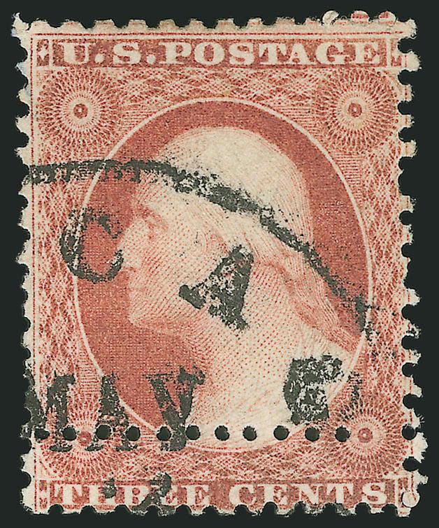 3c Brownish Carmine, Ty. I, Chicago Perf 12-12 (11 var).> Deep rich color, part of Chicago circular datestamp with May date, well-centered with <extra horizontal row of perfs at bottom,> last perf hole at right
is blind embossed<><>^VERY FINE. A R