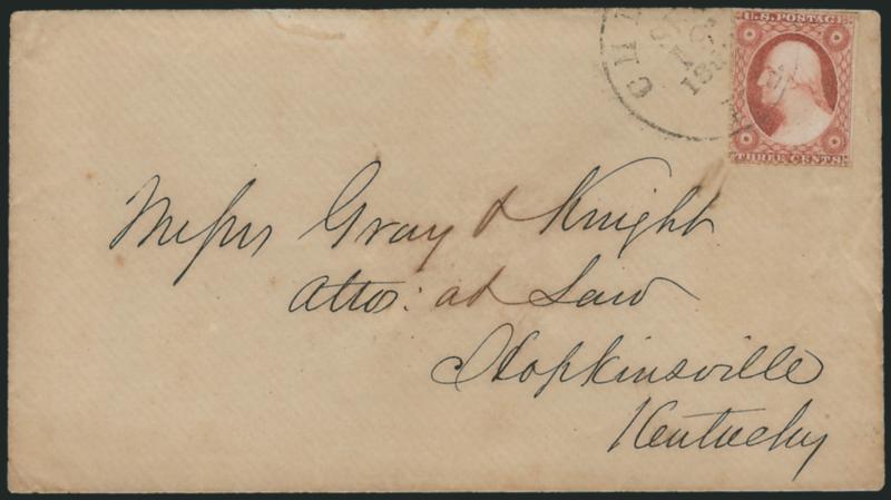 3c Brownish Carmine, Ty. II, Chicago Perf 12-12 (11A var).> Position 67L2L, perfs on two sides, others trimmed, tied by Chicago Ill. Sep. 19, 1856 circular datestamp on manila cover to Hopkinsville Ky., slight
age toning, wax seal stain expertly r