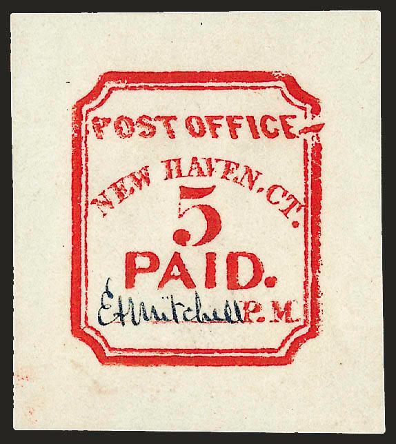 New Haven Conn., 5c Vermilion, Reprint (8XU1R).> Dark Blue signature, showing unusual printing flaw at top right, Very Fine