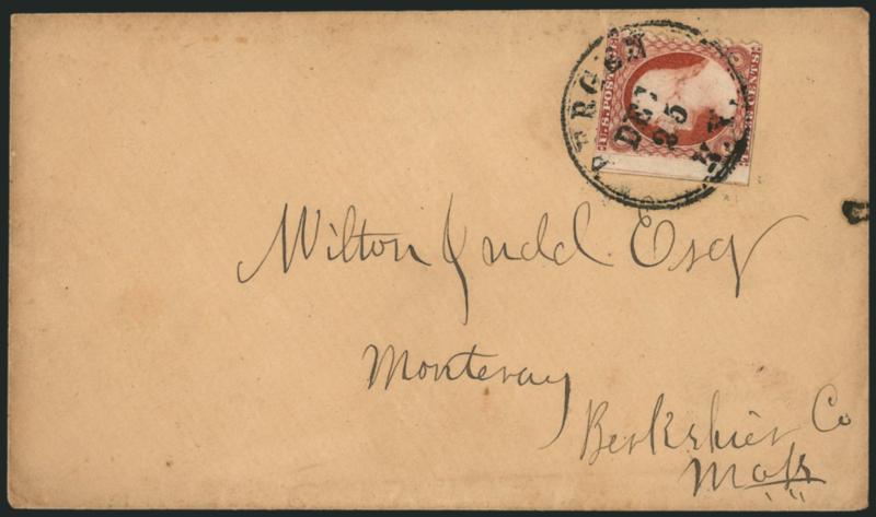 3c Brownish Carmine, Ty. I, Bergen N.Y. Sawtooth Perforations (11 var).> Position 71R6, showing sawtooth perforation at right, s.e. at top and bottom and <straddle-pane margin> at left, tied by Bergen N.Y. Dec.
25 circular datestamp on buff cover t