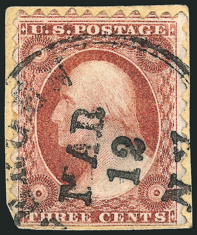 3c Brownish Carmine, Ty. I, Bergen N.Y. Sawtooth Perforations (11 var).> Position 24L8, clear sawtooth perforations on three sides, s.e. at bottom, tied by well-struck Bergen N.Y. Mar. 12 circular datestamp on
small piece<><>^VERY FINE AND CHOICE