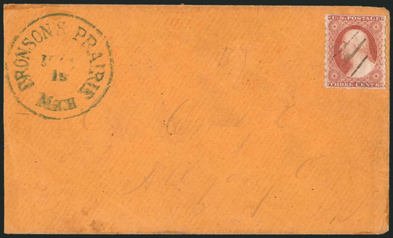 3c Dull Red, Ty. I, Bronsons Prairie Mich. Sawtooth Perforations (11 var).> Position 47R7, showing clear sawtooth perforations at sides, s.e. at top and bottom, gauges approximately 9-12, cancelled by three
penstrokes, blue Bronsons Prairie Mich.