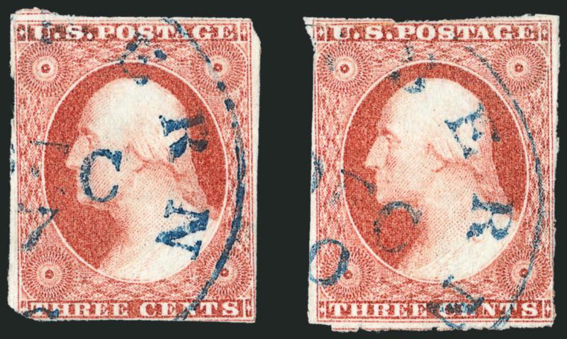 3c Orange Red, Ty. II, Newbern N.C. Unofficial Roulette (11A var).> Two stamps which originally formed a horizontal pair, Positions 17, 18R3, bright shade, top right, bottom middle and lower left show clear
rouletting, each with blue Dec. 7 circular