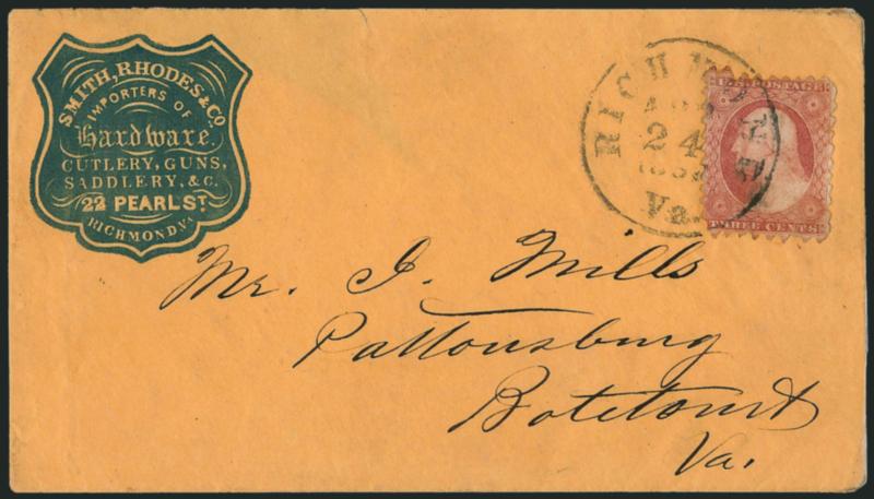 3c Claret, Ty. II, Richmond Va. Sawtooth Perforations (11A var).> Position 59L5l, clear sawtooth perforations on all four sides, gauges approximately 9, tied by Richmond Va. Apr. 24, 1857 circular datestamp on
orange cover with blue <hardware impor