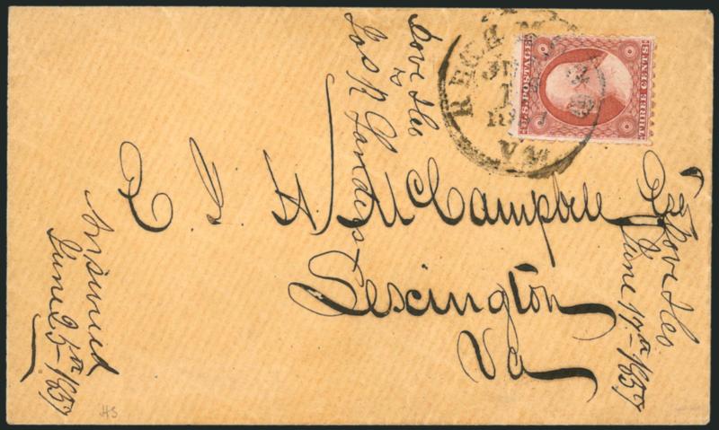 3c Claret, Ty. I, Richmond Va. Sawtooth Perforations (11 var).> Clear sawtooth perforations on all four sides, gauges approximately 10-12, tied by indistinct strike of Richmond Va. Jun. 13 circular datestamp on
cover to Lexington Va., 1857 docketi