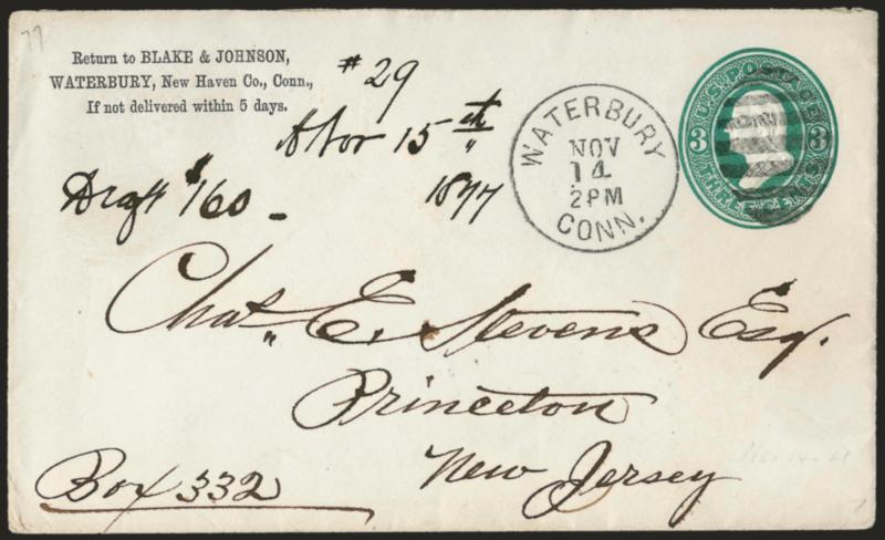 [Waterbury Roulettes Collateral].> Two 3c Green entires (U163) cancelled by Waterbury cancels incl. oval grid and circle of wedges, each with Blake & Johnson return printed return address at top left, fresh and
Very Fine, Blake & Johnson built the ro