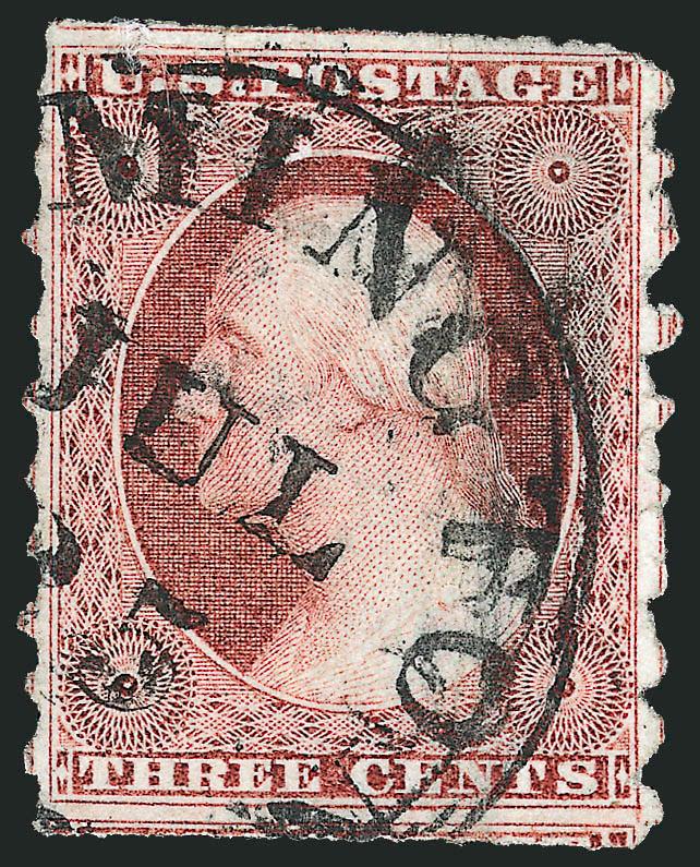 3c Dull Red, Ty. II, Wilmington Del. Sawtooth Perforation (11A var).> Position 17R1L, showing clear sawtooth perforations at sides, gauges approximately 7-12 to 8, s.e. at top and bottom, cancelled by
(Wil)mington (Del.) Jul. 25 circular datestamp