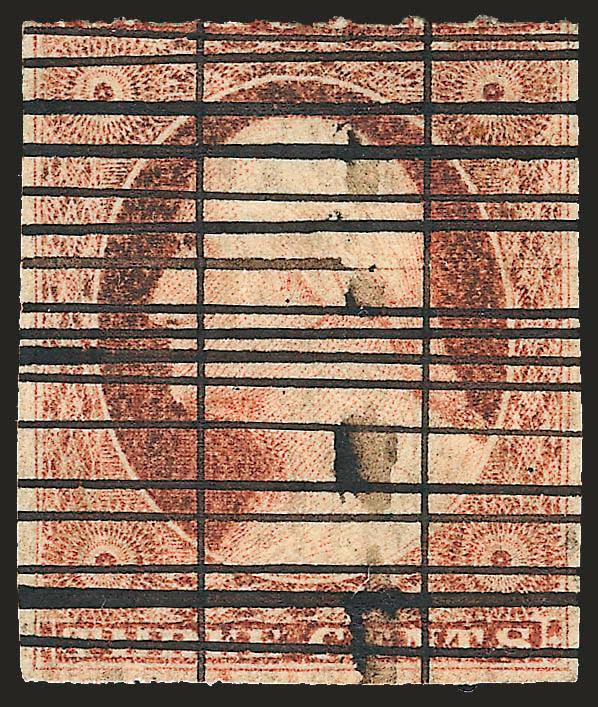 3c Orange Red, Horizontal Roulette (11A var).> Position 12R2L, original gum, h.r., cancelled by intersecting ruled lines, separate roulette at top and lacking perforations, Fine and very rare, described by Dr.
Chase on pp. 174-175 of his 3c book as