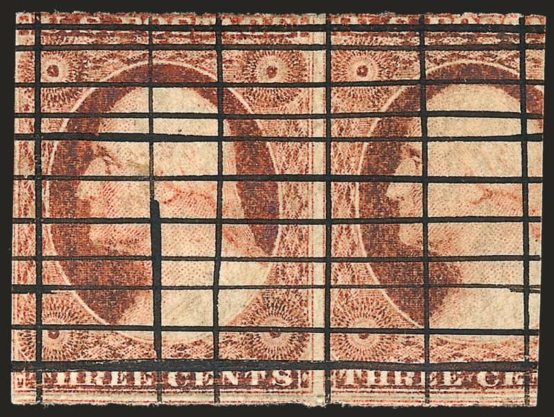 3c Orange Red, Horizontal Roulette (11A var).> Position 43R2L, huge margins to in incl. significant portion of adjoining stamp at right (really almost a pair), large part original gum, h.r., cancelled by
intersecting ruled lines, showing clear roul