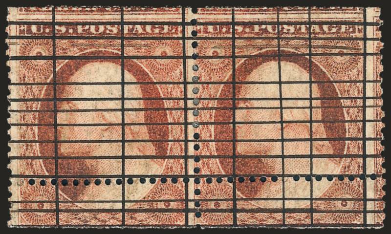 3c Orange Red, Horizontal Roulette and Perf 15-12 x 16 (11A var).> Horizontal pair, original gum, h.r., cancelled by intersecting ruled lines, separate roulettes and perforations vertically and perforations at
bottom, Fine and very rare, described