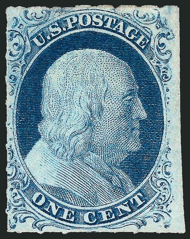 1c Blue, Ty. IV, Rouletted (9 var).> Unused (no gum), clear rouletting on three sides which appears to be the same rouletting as seen on the 3c with ruled lines (see lots 214-219), Very Fine, scarce