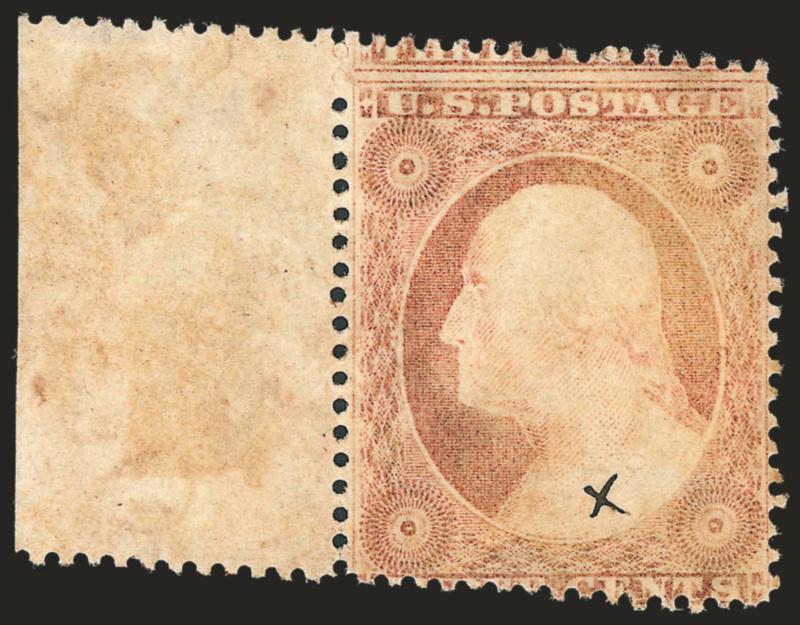 3c Dull Red, Ty. I, Trial Perforation (25-E).> Small ms. X, with left sheet selvage, perforations misaligned, slightly stained and discolored, this rare item is believed to be an early trial on the new
perforating machine, illustrated in Chase book