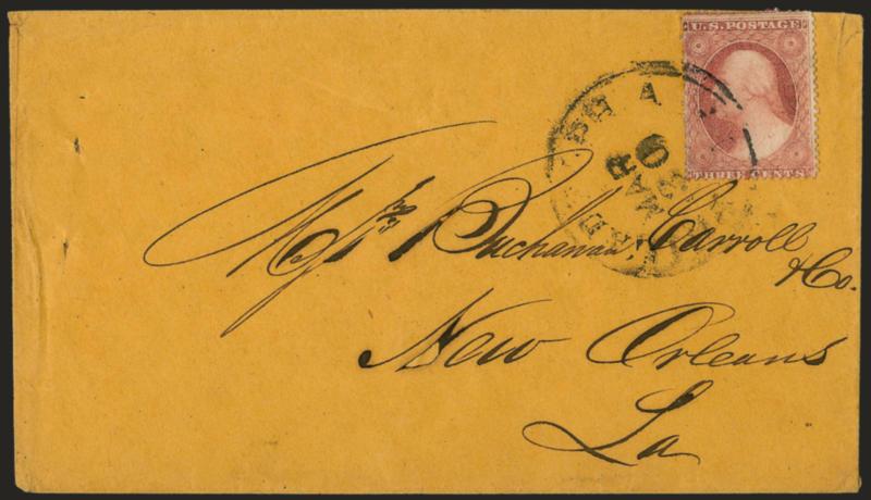 3c Pale Claret, Ty. I (25).> Plate 7, bright shade, tied by <Philadelphia Pa. Mar. 30 (1857)> circular datestamp on buff cover to Buchannon Carroll in New Orleans, tiny erosion spot in address, Very Fine, early
use of perforated 3c 1857 during expe