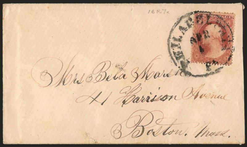 3c Pale Claret, Ty. I (25).> Position 16R7 plating note, bright shade, tied by <Philadelphia Pa. Apr. 1 (1857)> circular datestamp on cover to Boston, docketed on back, Very Fine, early use of perforated 3c 1857
during experimental period (February