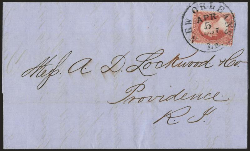 3c Pale Claret, Ty. I (25).> Position 23R7 plating note, bright shade, scissors separated with some trimmed perfs at bottom, tied by <New Orleans La. Apr. 5, 1857> circular datestamp on blue folded letter to
Providence R.I., file fold clear of stam