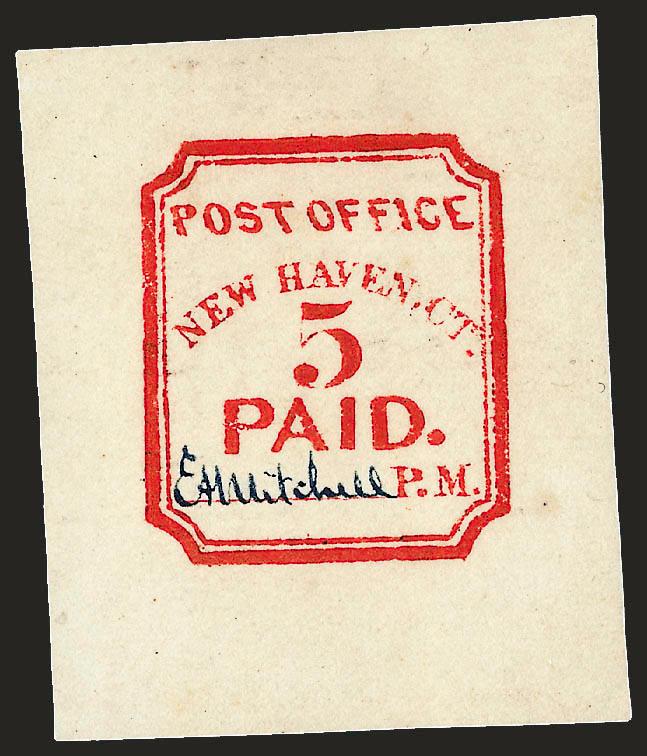 New Haven Conn., 5c Vermilion, Reprint (8XU1R).> Dark Blue signature, bright color, Very Fine