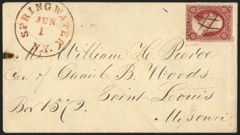 3c Brownish Carmine, Ty. I (25).> Position 82L7 plating note, pulled perf at bottom, ms. cancel, red <Springwater N.Y. Jun. 1 (1857)> circular datestamp on cover to St. Louis Mo., with original 1857 enclosure,
manufacturing creases in cover and sma