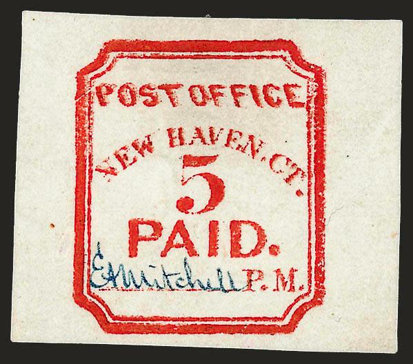 New Haven Conn., 5c Vermilion, Reprint (8XU1R).> Blue signature, bright color, fresh and Very Fine, with 1999 P.F. certificate