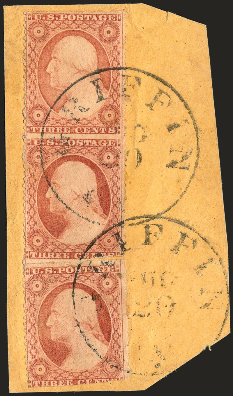 3c Dull Red, Ty. II, Vertical Pair, Imperforate Horizontally (26c).> Vertical pair and single, tied by two strikes of Griffin Ga. Aug. 20 circular datestamps on piece, pair and single have margins clear at top
and just in at bottom right<><>^VERY