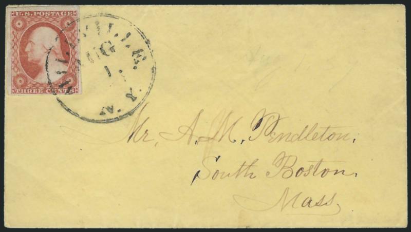 3c Dull Red, Ty. IV, Imperforate (26A var).> Position 8R10E, huge top sheet margin, extra large margins at sides and full at bottom, beautiful rich color, trivial corner crease, tied by Millville N.Y. Aug. 1
circular datestamp on small yellow cover