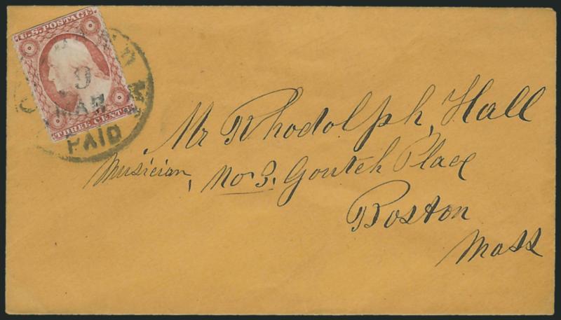 3c 1857 Type I, Perforation Varieties (25, 25A var).> Three interesting items: Position 49L7 with Hermon N.Y. circular datestamp and a row of perfs at right but others sides imperforate (see lot 246), Position
4R7 with perfs on three sides but appare