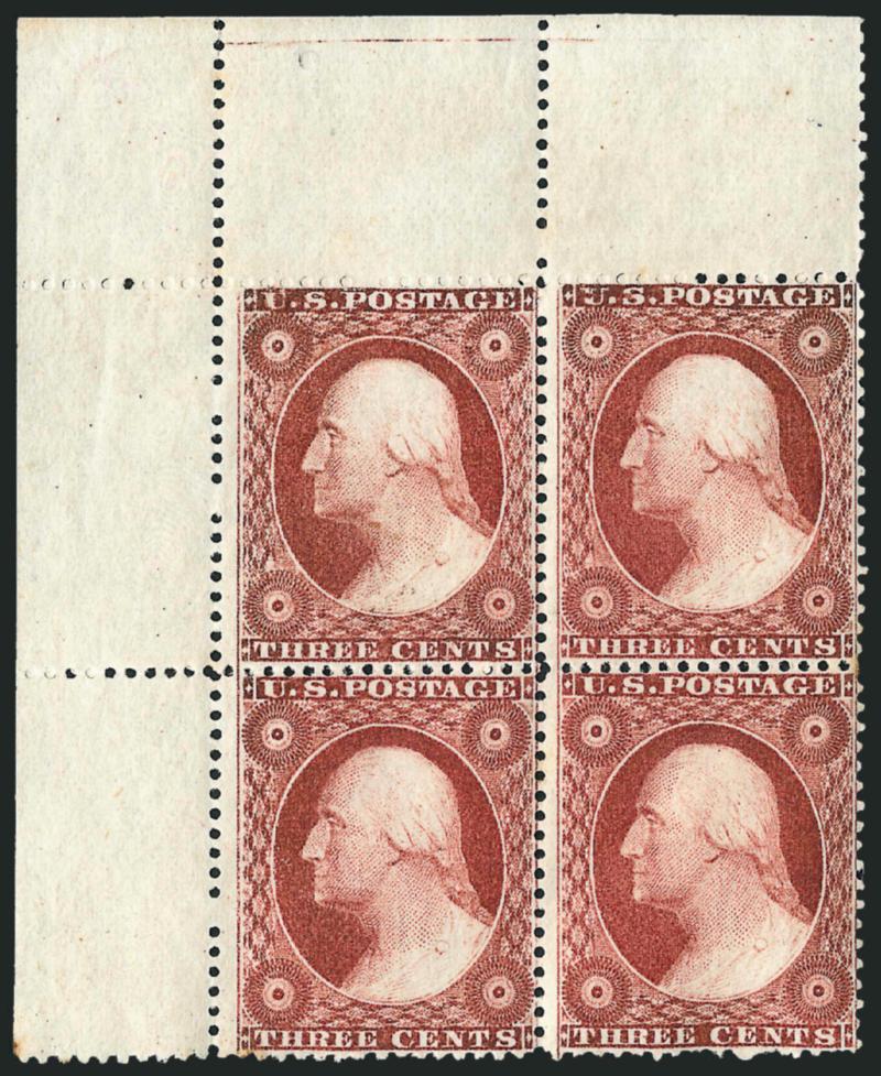 3c Claret, Ty. III (26).> Block of four with full top left corner sheet selvage, original gum, at least one stamp is Mint N.H., others barely hinged if at all, gorgeous deep Claret shade, couple nibbed perfs at
bottom, otherwise Fine-Very Fine, the C