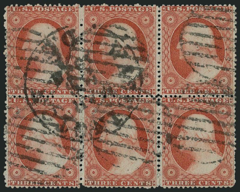 3c Dull Red, Ty. III (26).> Block of six, brilliant color, cancelled by large grids and Washington D.C. Mar. 31 circular datestamp, few trivial perf separations, Very Fine, Scott Retail as block of four and
pair
