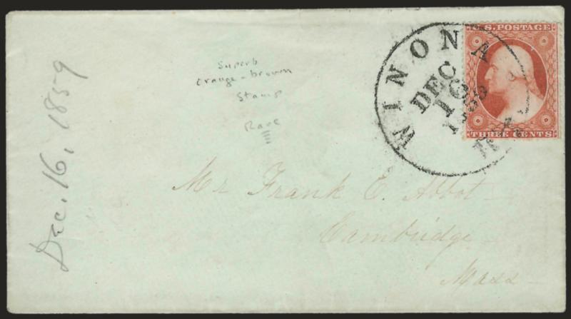 3c Orange Brown, Ty. III (26 var).> Radiant color, tied by Winona Dec. 16, 1859 circular datestamp on cover to Cambridge Mass., fresh and Extremely Fine example of this scarce shade, ex Chase, signed Dr.
Amonette, listed but unpriced in Scott