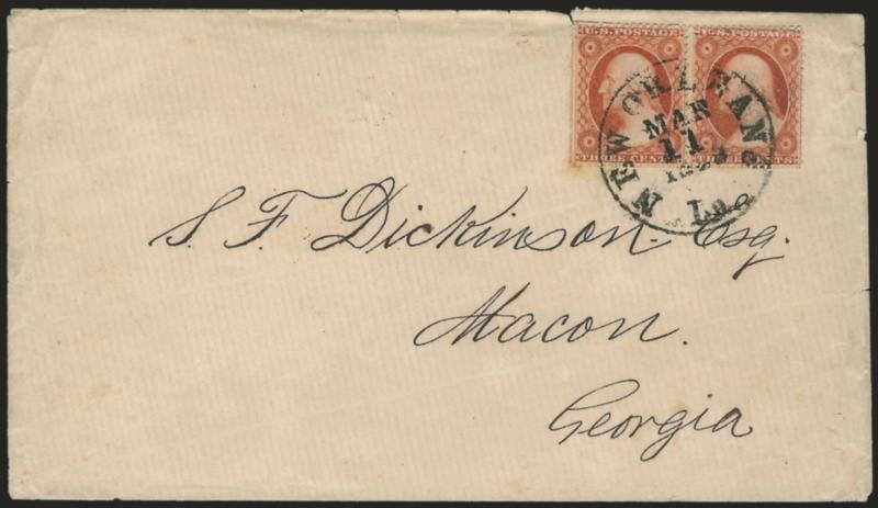 3c Orange Brown, Ty. III (26 var).> Horizontal pair, radiant color, tied by New Orleans La. Mar. 11, 1858 circular datestamp on cover to Macon Ga., natural s.e. at left, light diagonal crease at top right, Very
Fine appearance, one of only two repo