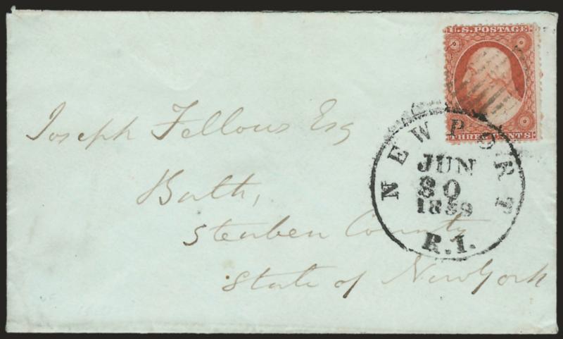3c Orange Brown, Ty. III, Major Plate Crack (26 var).> Position 48R7, showing major plate crack at top left, brilliant color, cancelled by grid and tied by Newport R.I. Jun. 30, 1859 circular datestamp on cover
to Bath N.Y., Very Fine, signed Dr. A