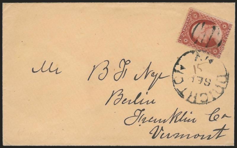 3c Moroccon Red, Ty. III (26 var).> Gorgeous color, cancelled by grid and tied by Brighton N.Y. Sep. 15 circular datestamp with day in ms. inverted, on cover to Berlin Vt., slightly reduced at right, Very Fine
example of this scarce and desirable