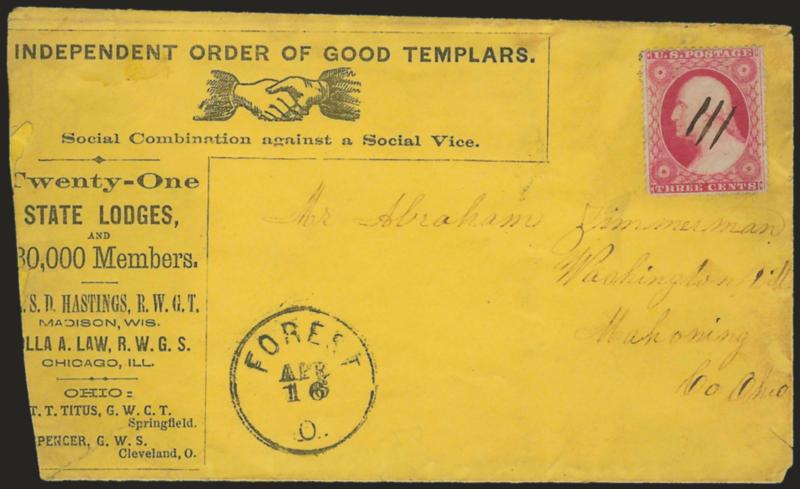 3c Etruscan Red, Ty. III (26 var).> Gorgeous color in this rare shade, cancelled by three parallel penstrokes, Forest O. Apr. 16 circular datestamp on yellow cover with ndependent Order of Good Templars corner
card> to Washington Village O., re