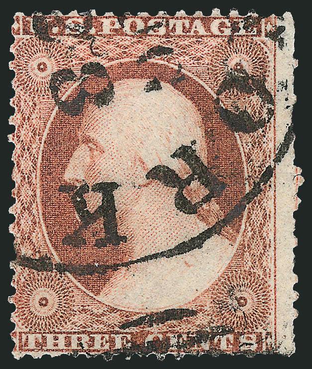 3c Plum, Ty. III (26 var).> Distinctive color, bold strike of New York Aug. 28 circular datestamp, few irregular perfs, otherwise Fine example of this scarce shade, with note from Dr. Amonette