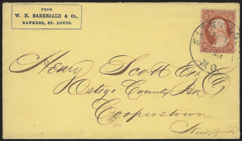 3c Dull Rose Brown, Ty. IV (26A var).> Rich color, tied by Saint Louis Mo. Jul. 28, 1858 circular datestamp on yellow cover with <bankers corner card> to Cooperstown N.Y., Very Fine cover with this scarce shade
and type
