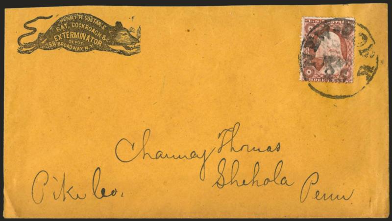 3c Dull Red, Ty. III (26).> Tied by bold strike of New-York Mar. 25 circular datestamp on buff cover with <Henry R. Costars Rat, Cockroach &c. Exterminator Depot corner card with illustration of a single rat> to
Shehola Penn., slightly reduced a