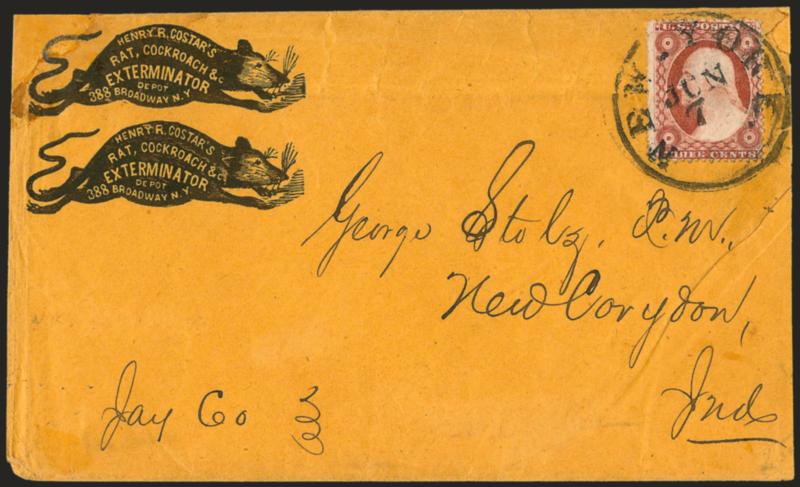3c Dull Red, Ty. III (26).> Tied by well-struck New-York Jun. 7 circular datestamp on buff cover with <Henry R. Costars Rat, Cockroach &c. Exterminator Depot illustrated twin rats corner card> to New Corydon
Ind., slightly reduced, small repai