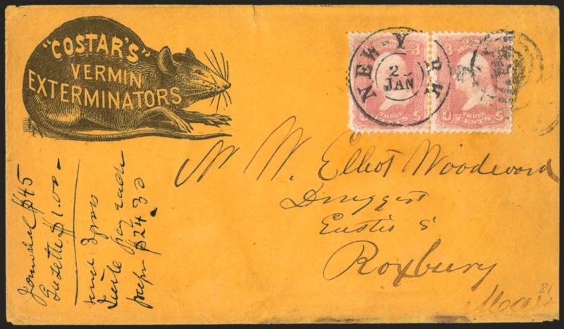 3c Rose Pink (64b).> Horizontal pair, bright color, tied by New-York Jan. 2? double-circle datestamp and target on cover with <Costars Vermin Exterminators corner card with illustration of a large rat,> to
Roxbury Mass., slightly reduced at righ