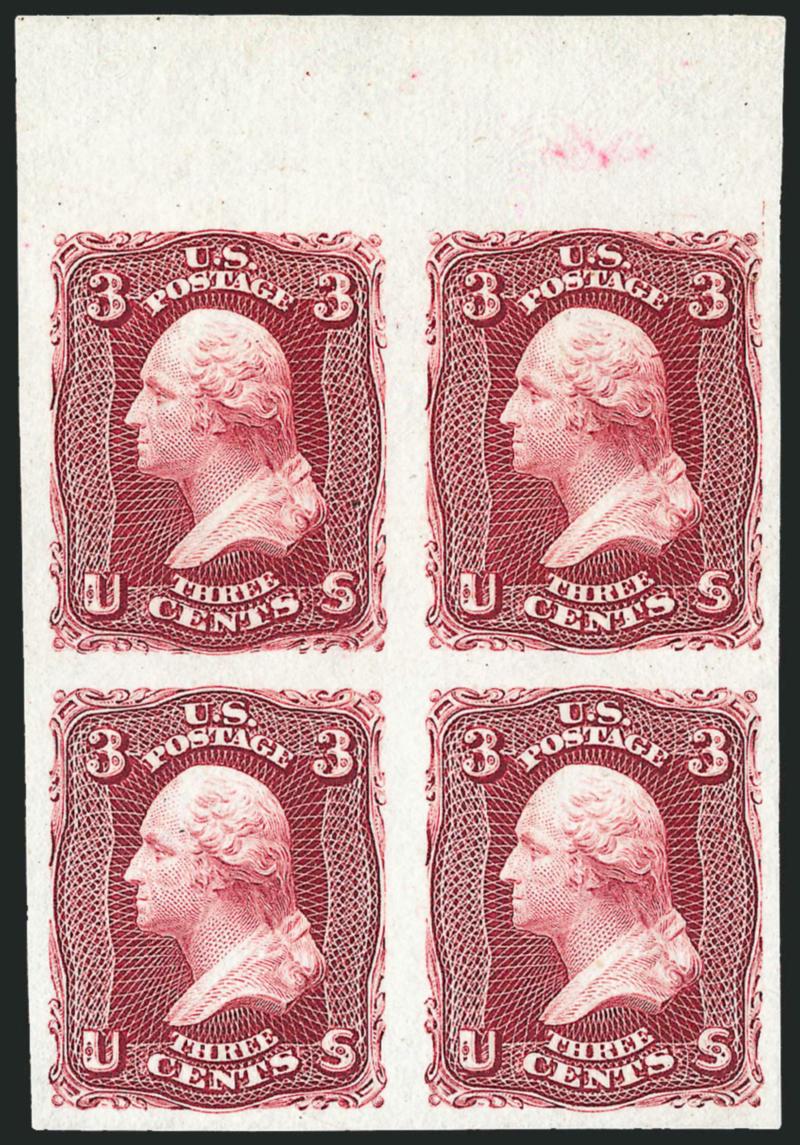3c Lake, Plate Proof on India (66P3).> Block of four with top sheet margin, large margins all around, tiny red ink spots in margin, Extremely Fine