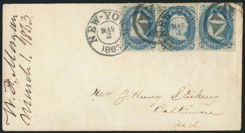 1c Blue (63).> Three, tied by large circle of wedges cancel and New-York Mar. 2, 1863 double-circle datestamp on cover to Baltimore, center stamp has a pre-use tear visible on close examination, otherwise Very
Fine and pretty cover