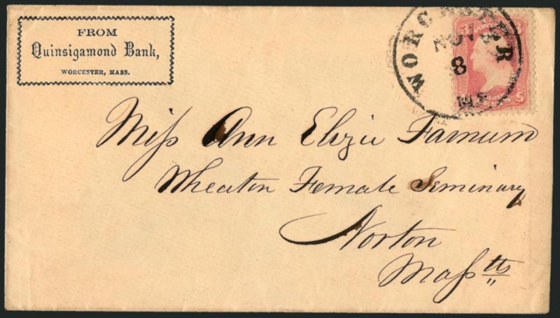 3c Pink (64).> Brilliant color, tied by Worcester Ms. Nov. 8 circular datestamp on bank corner card cover to Norton Mass., fresh and Very Fine, a beautiful cover, with 2005 P.F. certificate