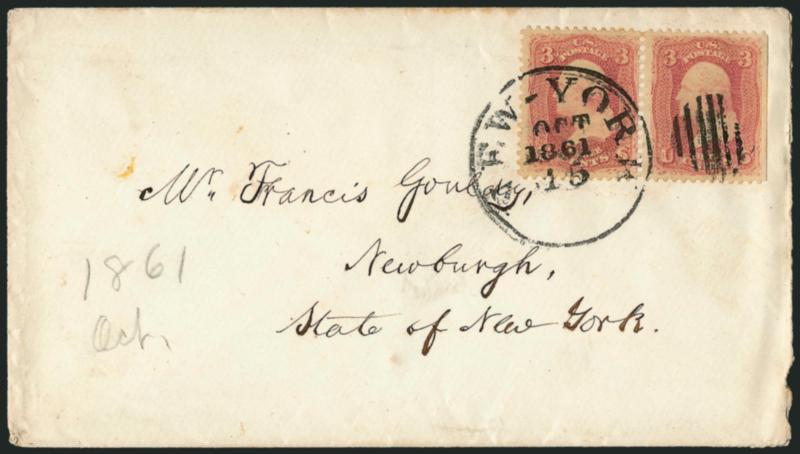 3c Pigeon Blood Pink (64a).> Horizontal pair, natural s.e. at right, tied by grid and New-York Oct. 15, 1861 duplex circular datestamp on cover to Newburgh N.Y., trivial edgewear<><>^VERY FINE. A RARE MULTIPLE
OF THE 1861 3-CENT PIGEON BLOOD PINK