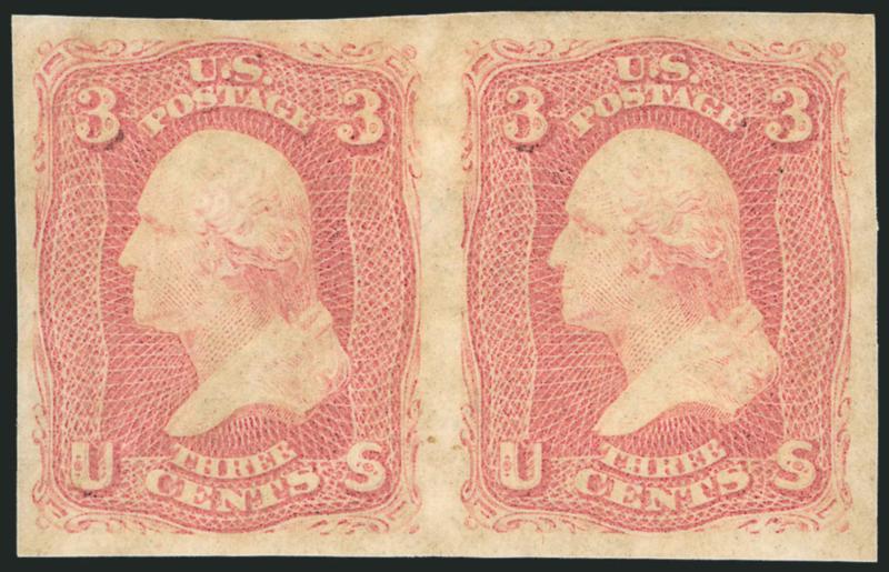 3c Rose, Imperforate (65c).> Horizontal pair, large margins all around, traces of original gum, small h.r., faint overall toning, Very Fine, ex Mitchell