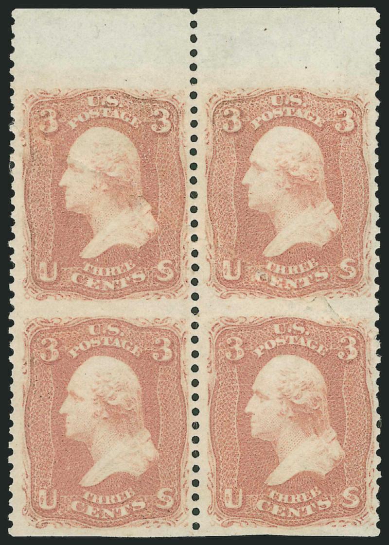 3c Rose, Vertical Pair, Imperforate Horizontally (65d).> Top margin block of four, original gum, lightly hinged, wide margins at top and bottom, perfectly centered at sides, rich color, pressed-out diagonal
crease with internal tears affects both pai