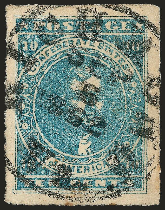 10c Blue, Paterson (2).> Large to huge margins, rough separation which led Mr. Hulme to consider this possibly rouletted, clear Richmond Va. Sep. 6, 1862 circular datestamp, coupled toned spots, still Extremely
Fine