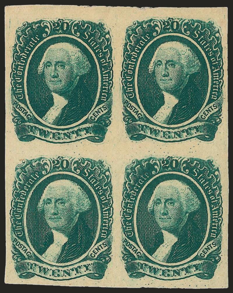 20c Green (13, 13a, 13b).> Seven singles, one pair and two blocks of four, original gum except one single unused (no gum), large margins, wide range of shades, Very Fine and choice group, with 2006 P.F.
certificate for single No. 13a