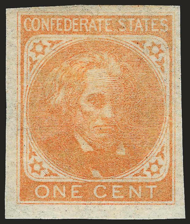 1c Orange, Deep Orange (14, 14a).> Four of former and one of latter, original gum, all appear Mint N.H., large margins (one with top sheet margin), Extremely Fine group, one No. 14 and No. 14a with 2005 P.F.
certificates (as Mint N.H.)
