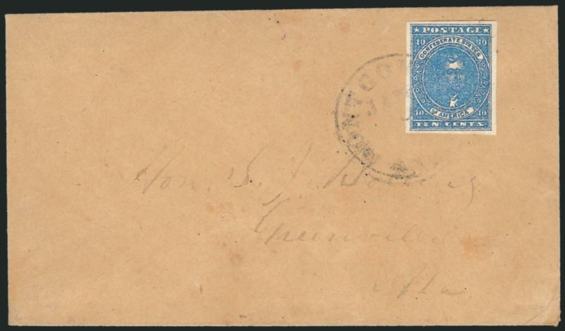 10c Dark Blue, Paterson (2b).> Ample even margins, deep shade, tied by Montgomery Ala. Jan. 8 circular datestamp on buff cover to Greenville Ala., Very Fine, with 1990 C.S.A. certificate
